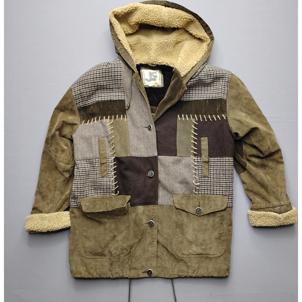 JLC Mens Patchwork Leather Suede Hooded Jacket Brown Olive Houndstooth Large